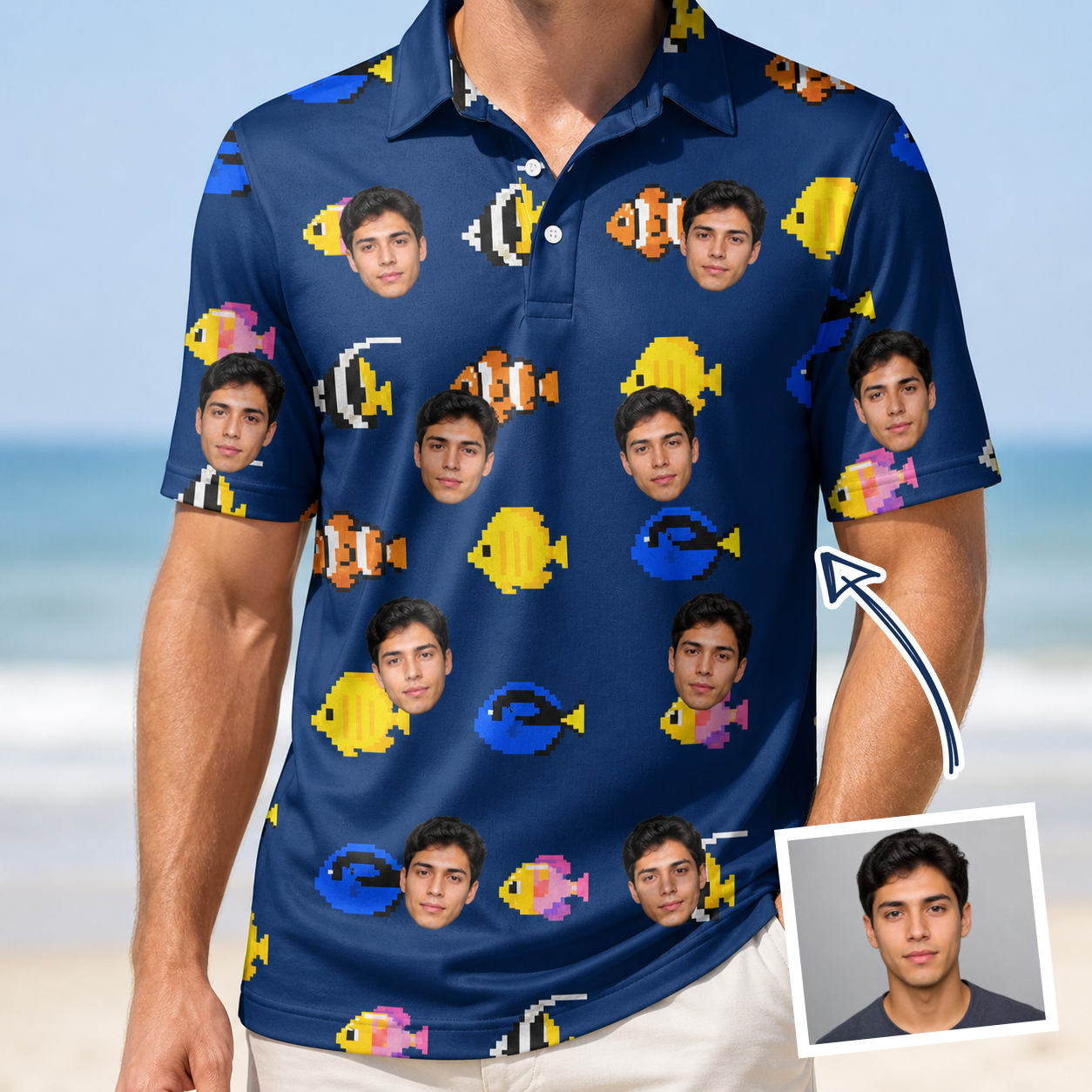 Man wearing Men's Tide Tangos Custom Face Polo Shirt — custom faces printed all-over