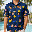 Model wearing Men's Tide Tangos Custom Face Polo Shirt printed with kids' faces