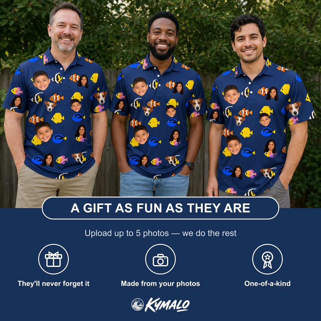 Friends in matching Men's Tide Tangos Custom Face Polo Shirt — a group gift photo