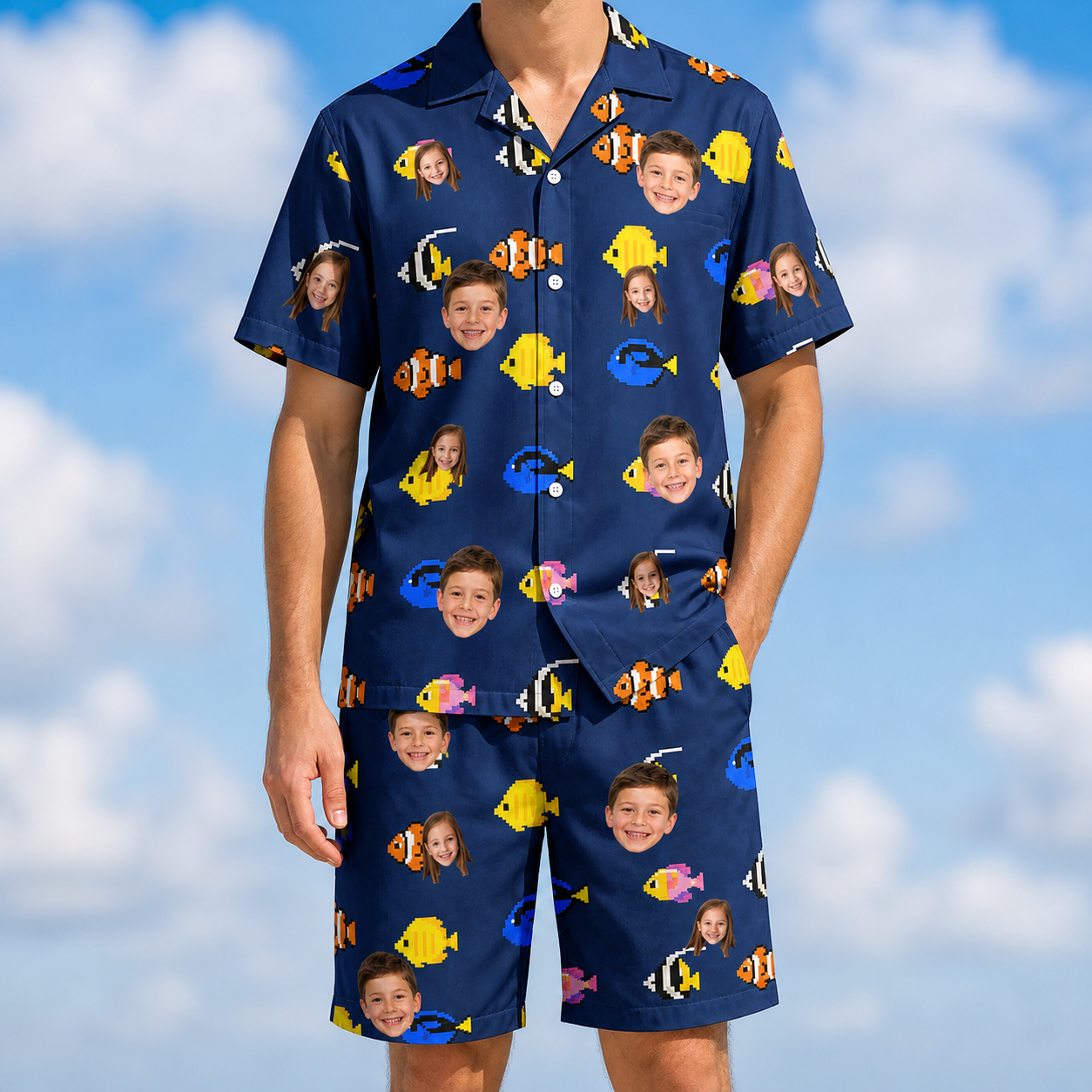 Model wearing Men's Tide Tangos Custom Face Shirt & Shorts Set printed with kids' faces
