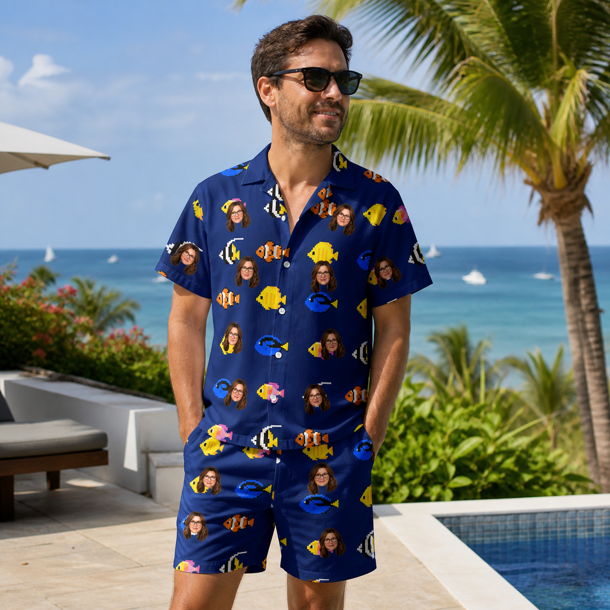 Real-life photo of someone wearing Men's Tide Tangos Custom Face Shirt & Shorts Set — custom faces printed all-over