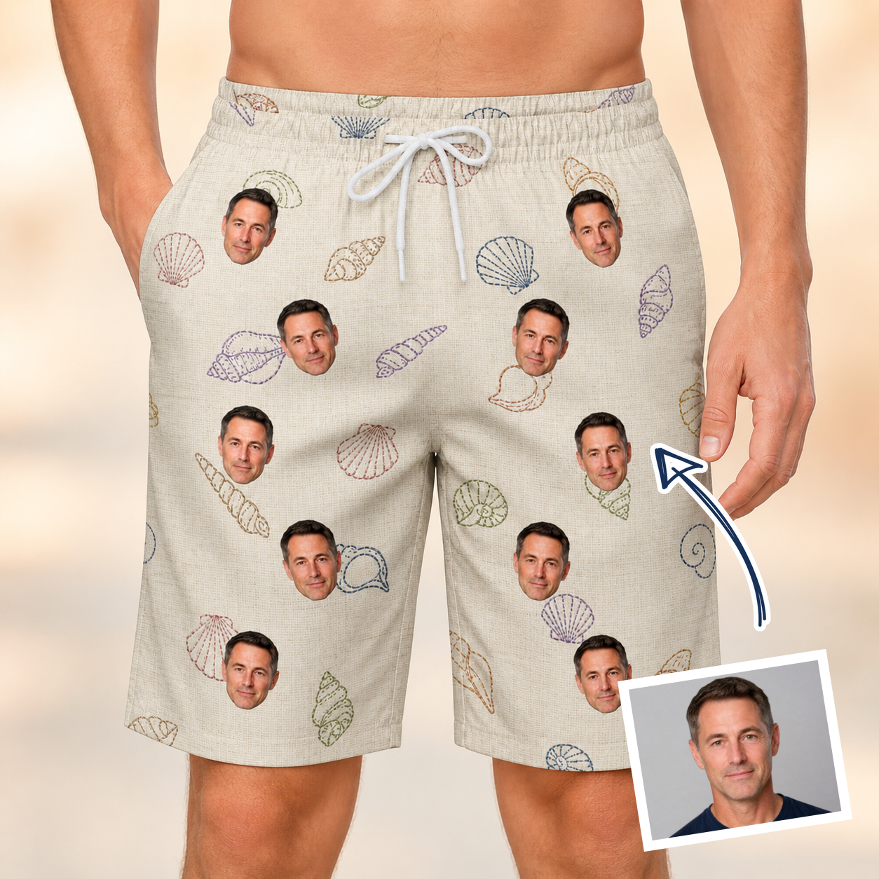 Man wearing Men's Conch Quest Custom Face Beach Shorts — custom faces printed all-over