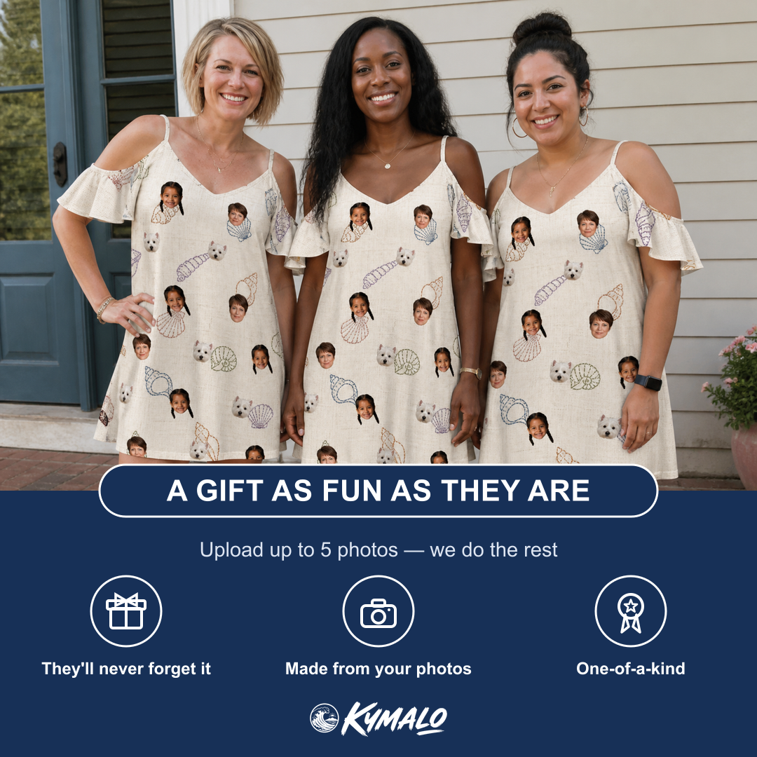Friends in matching Women's Conch Quest Custom Face Off-Shoulder Dress — a group gift photo