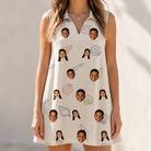 Model wearing Women's Conch Quest Custom Face V-Neck Dress printed with kids' faces