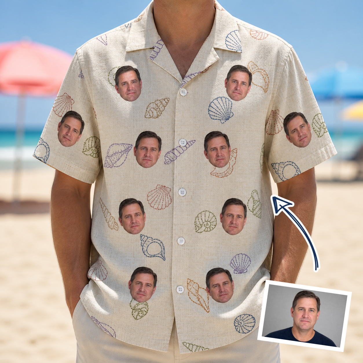 Man wearing Men's Conch Quest Custom Face Hawaiian Shirt — custom faces printed all-over
