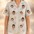 Model wearing Women's Conch Quest Custom Face Hawaiian Shirt printed with kids' faces