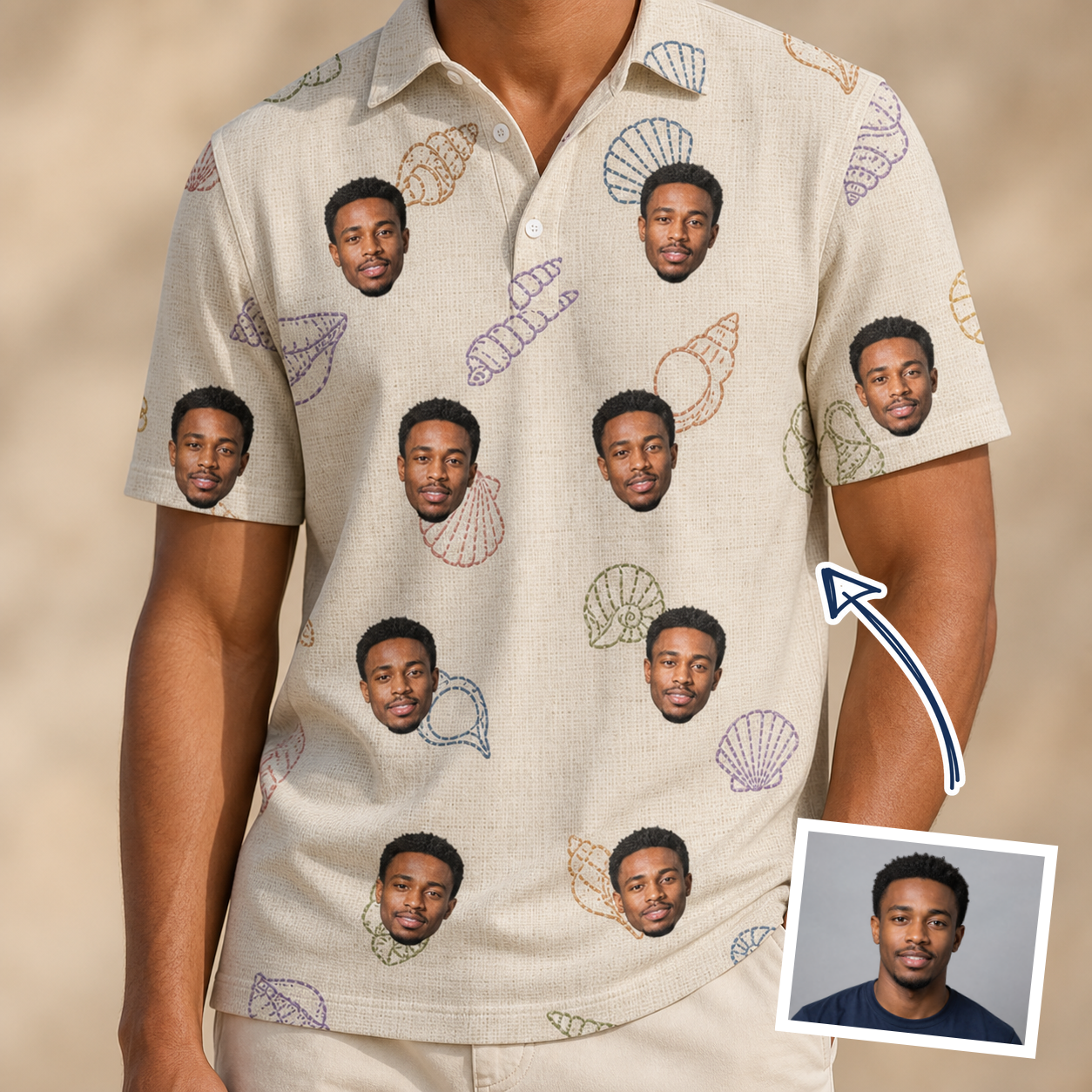 Man wearing Men's Conch Quest Custom Face Polo Shirt — custom faces printed all-over