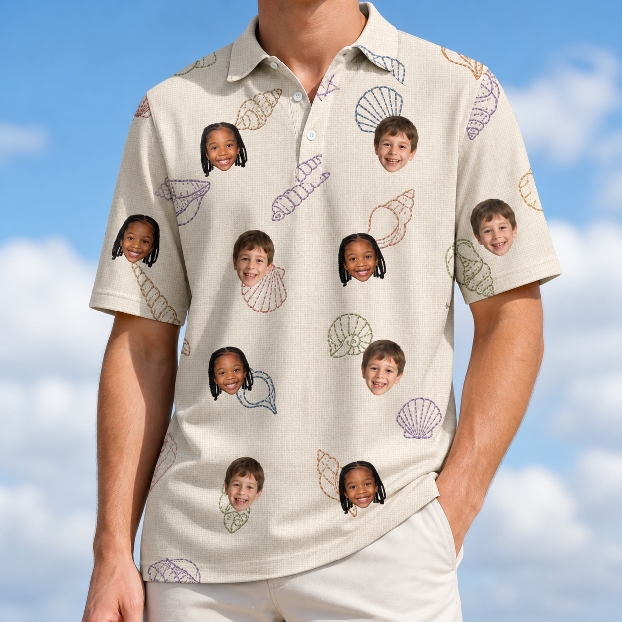Model wearing Men's Conch Quest Custom Face Polo Shirt printed with kids' faces