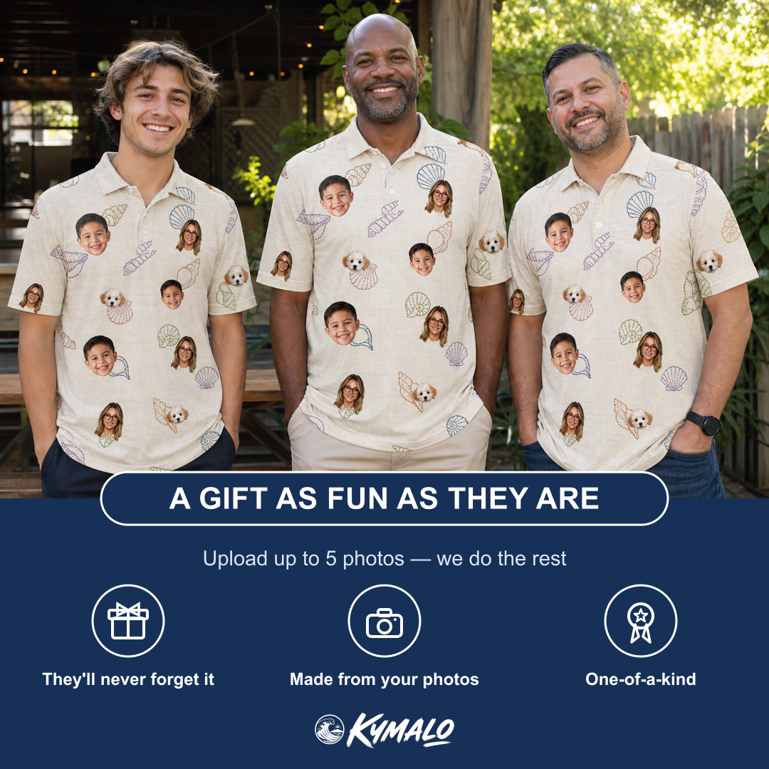 Friends in matching Men's Conch Quest Custom Face Polo Shirt — a group gift photo