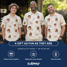 Friends in matching Men's Conch Quest Custom Face Polo Shirt — a group gift photo