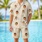 Model wearing Men's Conch Quest Custom Face Shirt & Shorts Set printed with kids' faces