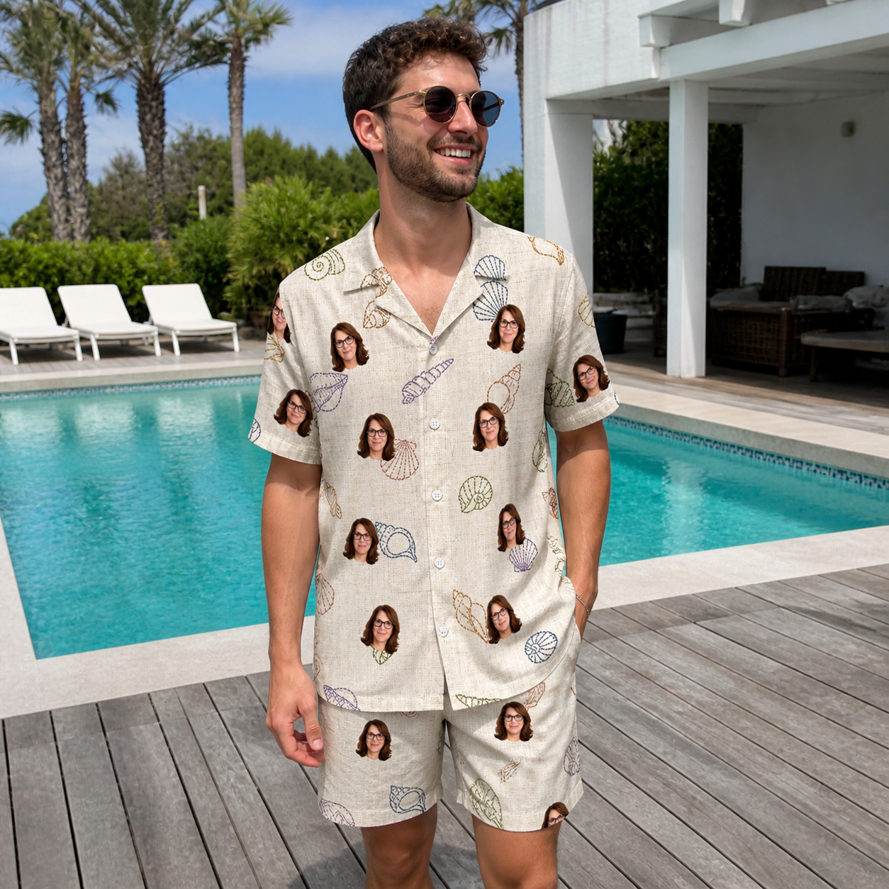 Real-life photo of someone wearing Men's Conch Quest Custom Face Shirt & Shorts Set — custom faces printed all-over