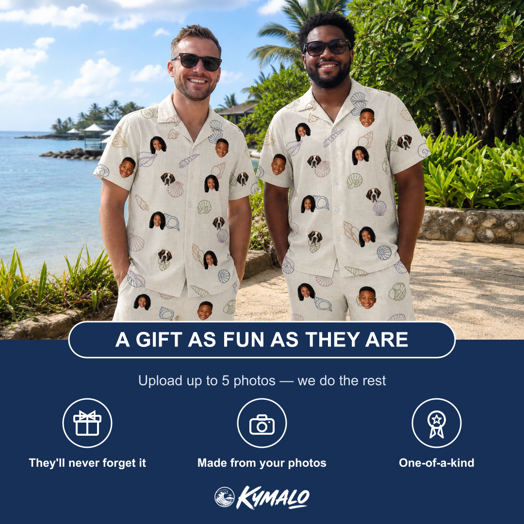 Friends in matching Men's Conch Quest Custom Face Shirt & Shorts Set — a group gift photo