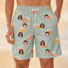 Model wearing Men's Surf Symphony Custom Face Beach Shorts printed with kids' faces