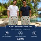Friends in matching Men's Surf Symphony Custom Face Beach Shorts — a group gift photo