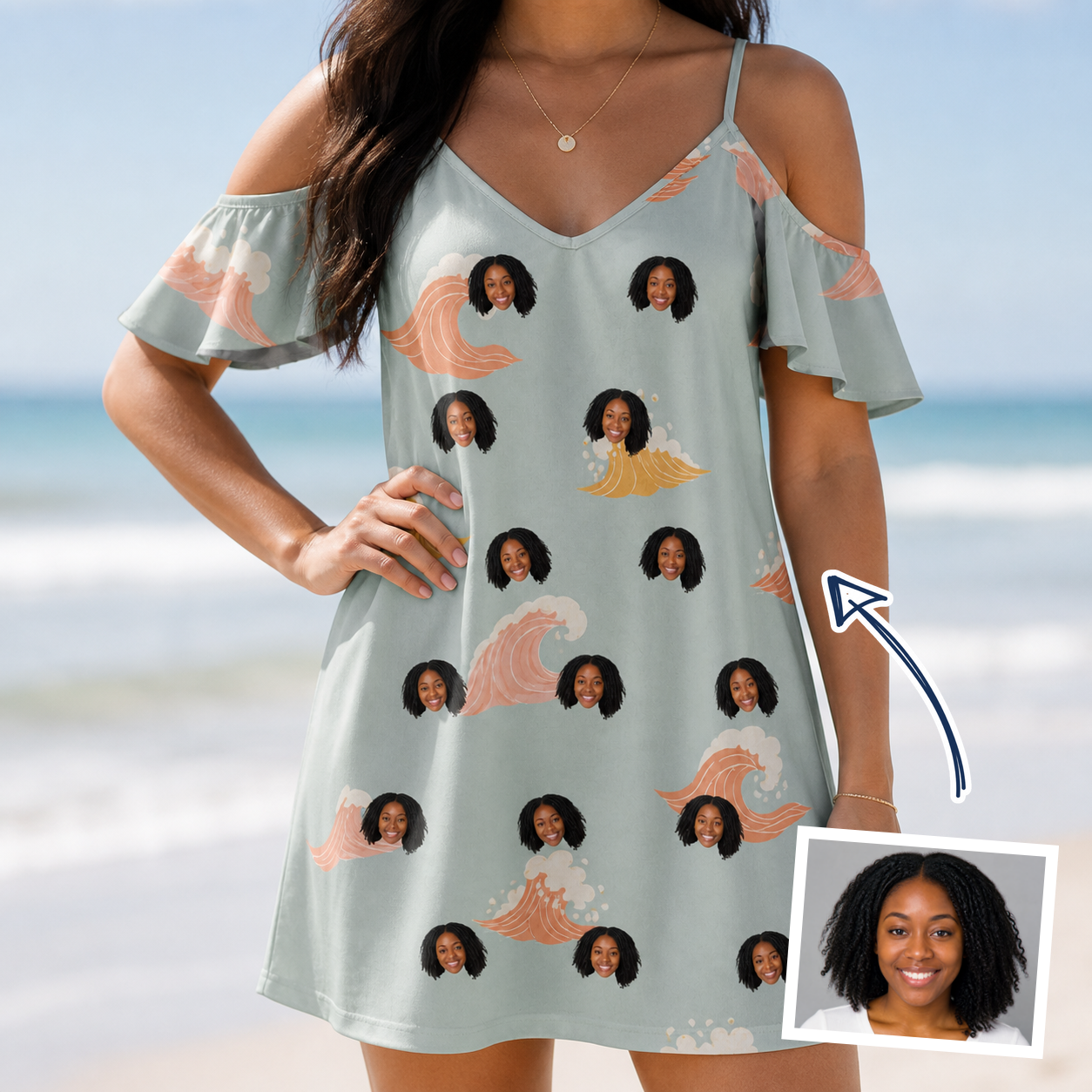 Woman wearing Women's Surf Symphony Custom Face Off-Shoulder Dress — custom faces printed all-over