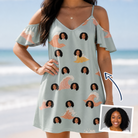 Woman wearing Women's Surf Symphony Custom Face Off-Shoulder Dress — custom faces printed all-over