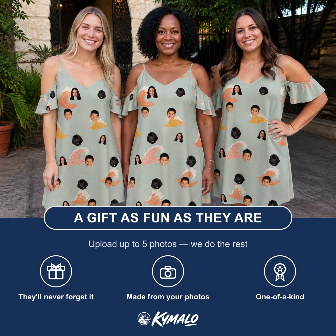 Friends in matching Women's Surf Symphony Custom Face Off-Shoulder Dress — a group gift photo