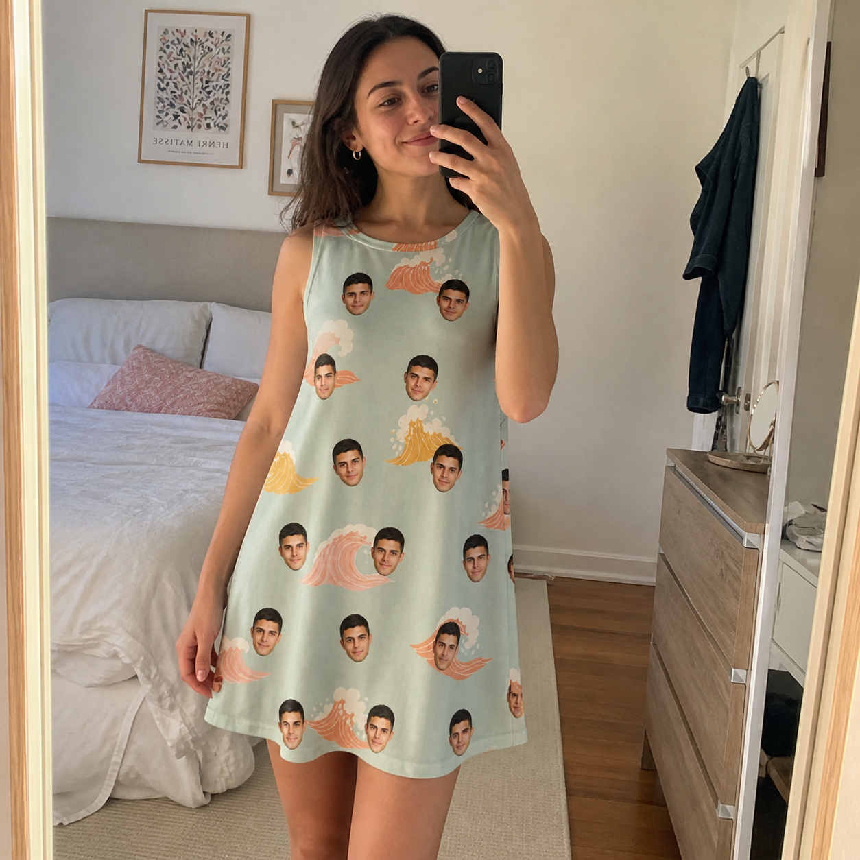 Real-life photo of someone wearing Women's Surf Symphony Custom Face Tank Dress — custom faces printed all-over