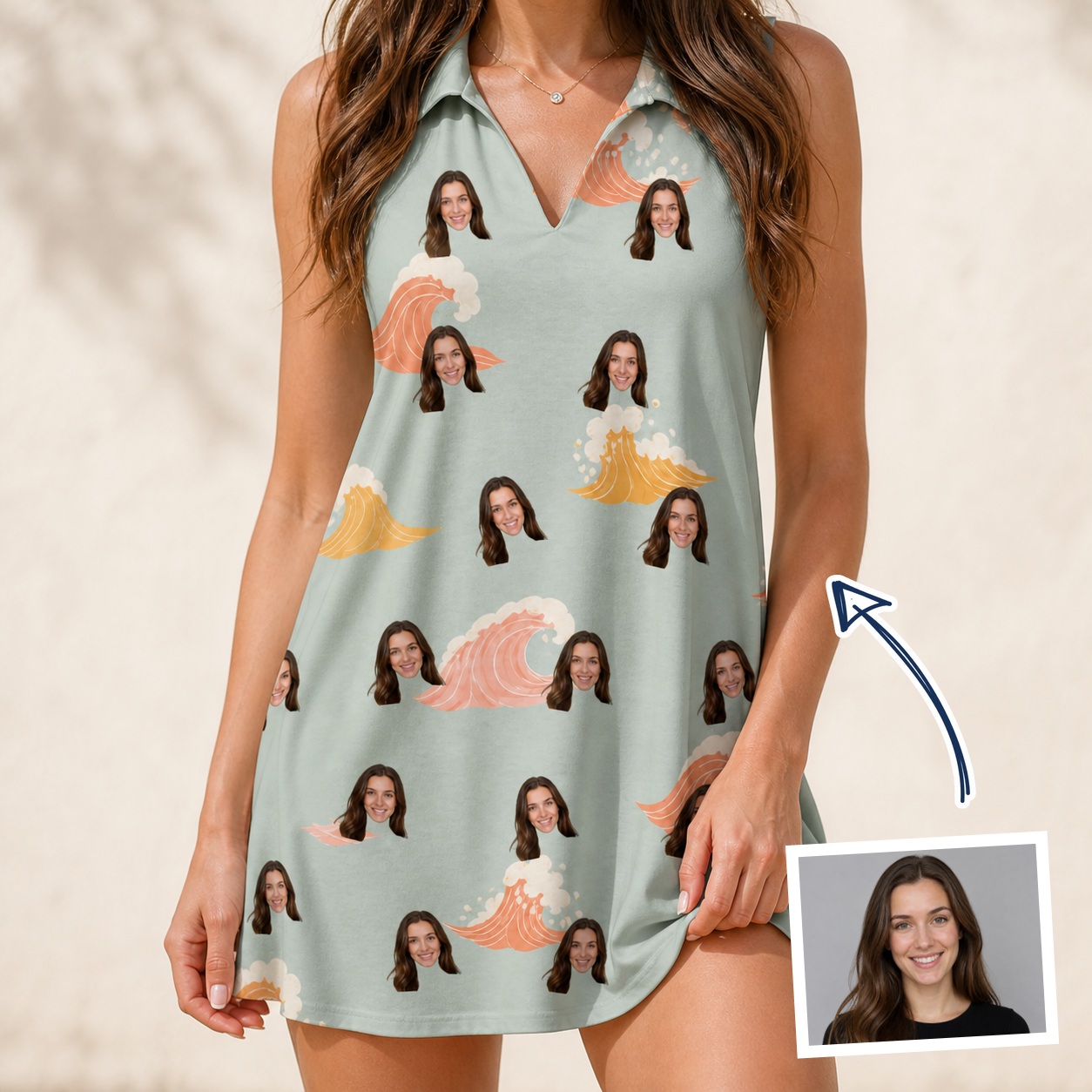 Woman wearing Women's Surf Symphony Custom Face V-Neck Dress — custom faces printed all-over