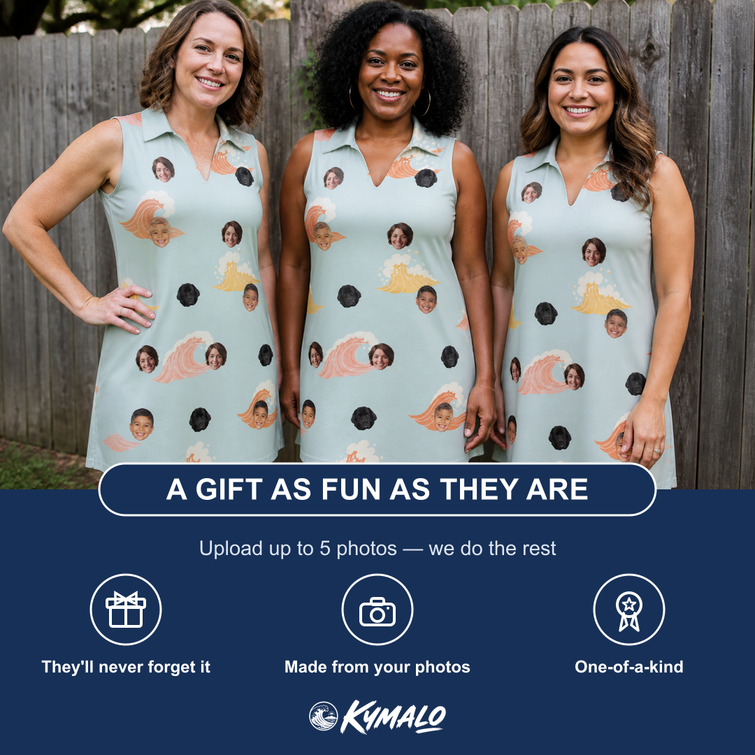 Friends in matching Women's Surf Symphony Custom Face V-Neck Dress — a group gift photo