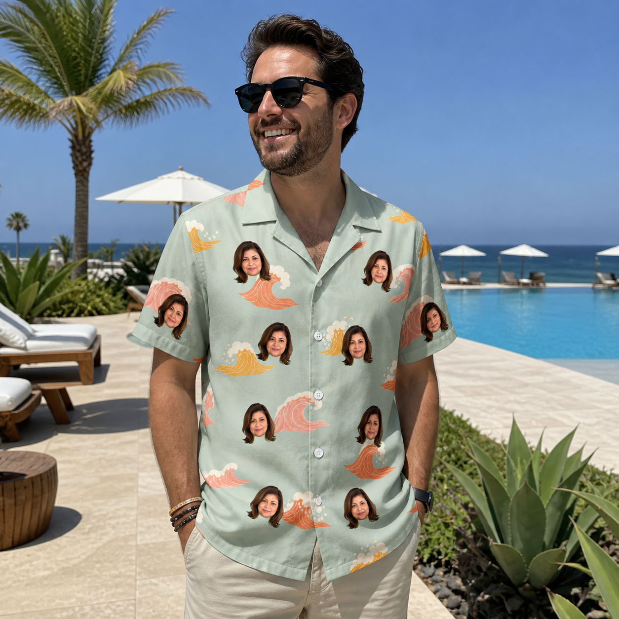 Real-life photo of someone wearing Men's Surf Symphony Custom Face Hawaiian Shirt — custom faces printed all-over