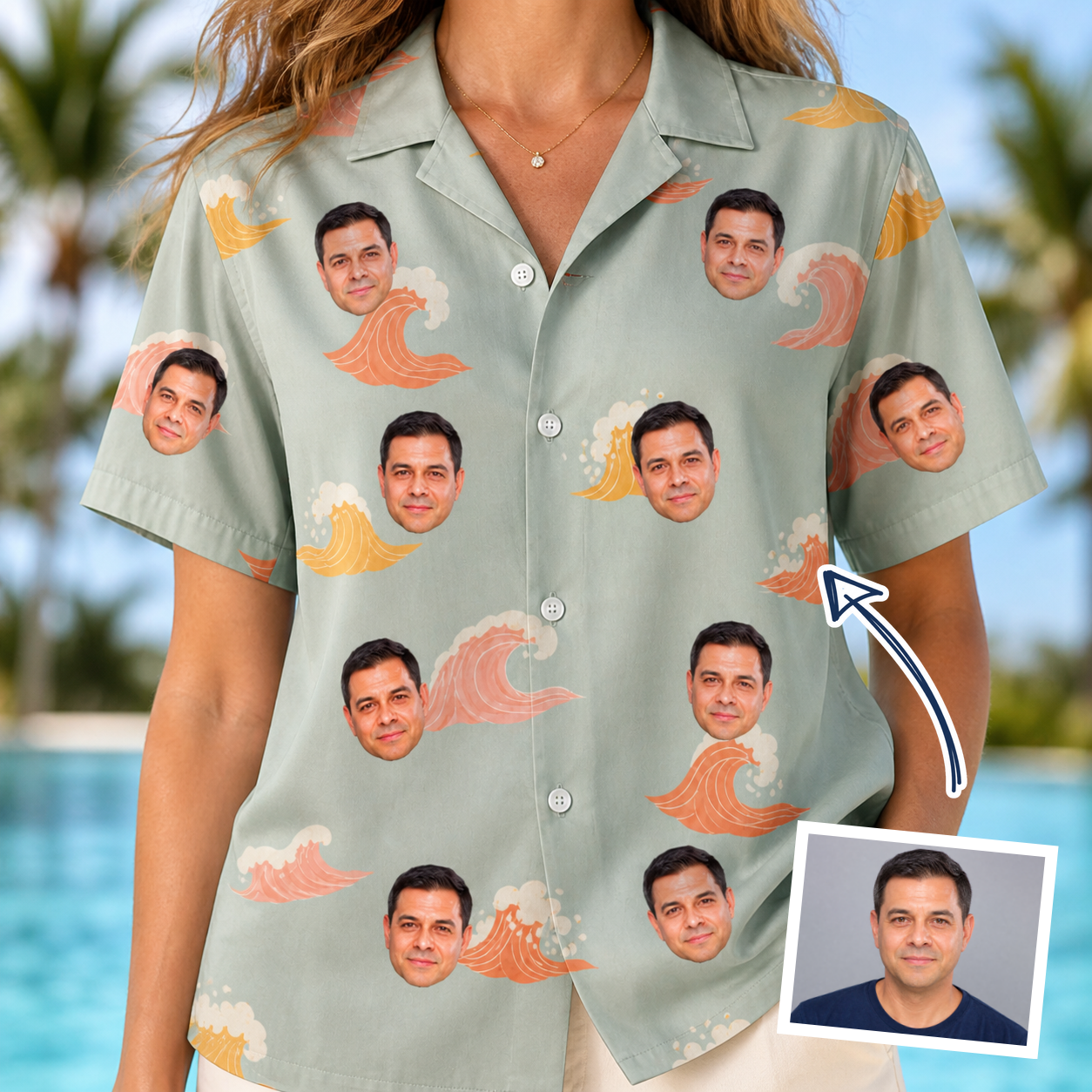 Woman wearing Women's Surf Symphony Custom Face Hawaiian Shirt — custom faces printed all-over