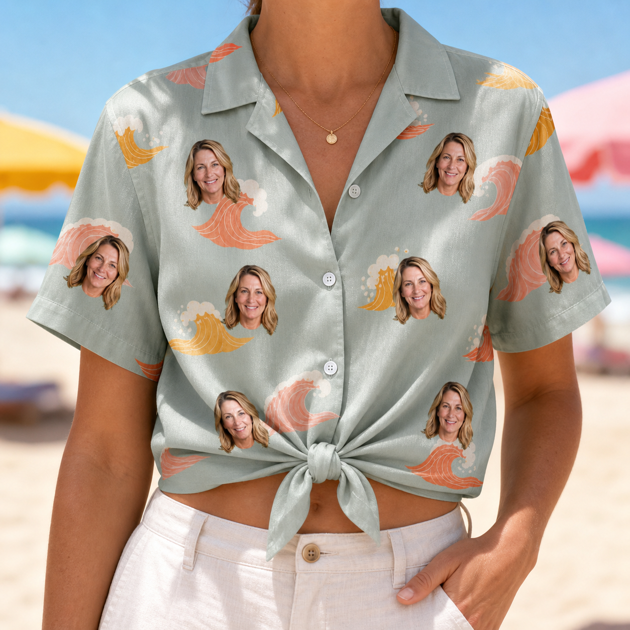 Woman wearing Women's Surf Symphony Custom Face Hawaiian Shirt tied at the waist