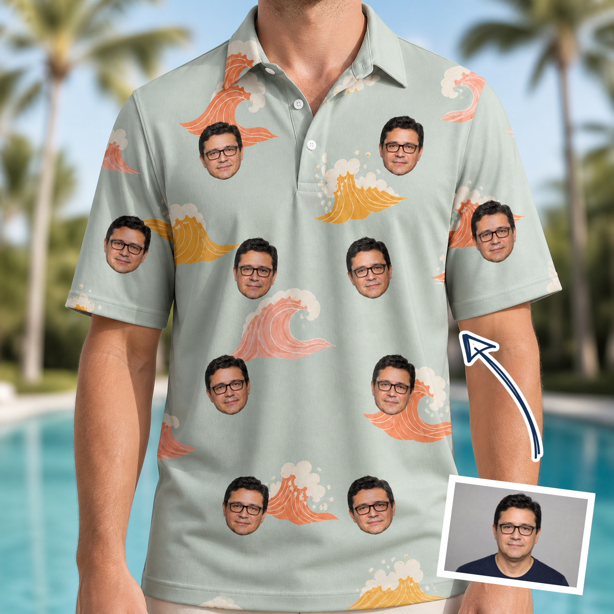 Man wearing Men's Surf Symphony Custom Face Polo Shirt — custom faces printed all-over