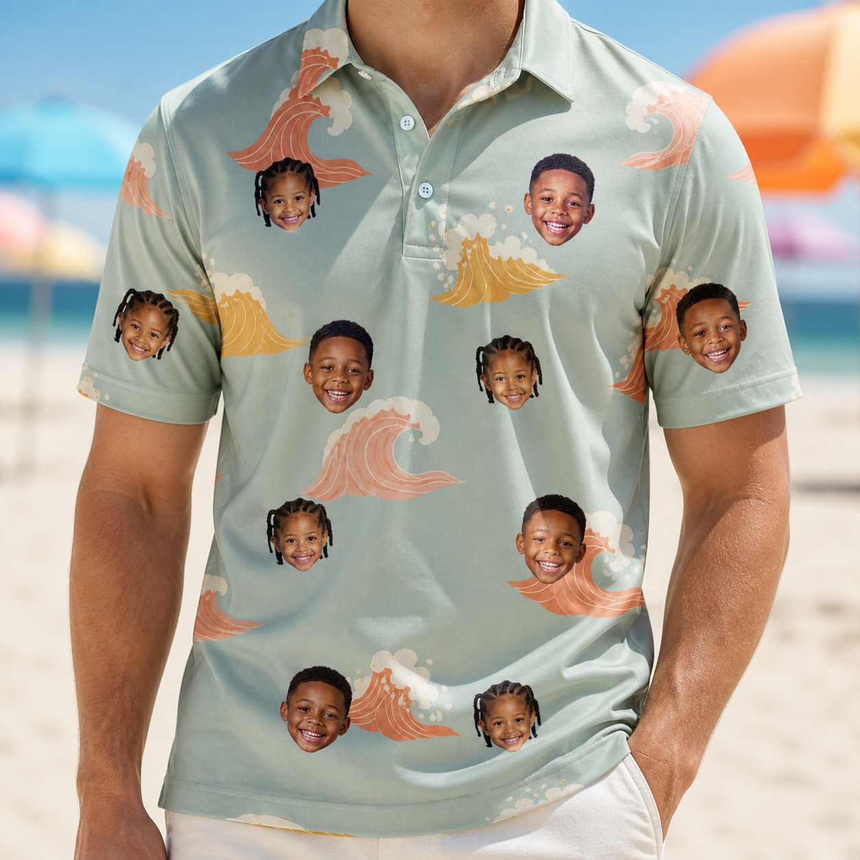 Model wearing Men's Surf Symphony Custom Face Polo Shirt printed with kids' faces