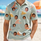 Model wearing Men's Surf Symphony Custom Face Polo Shirt printed with kids' faces