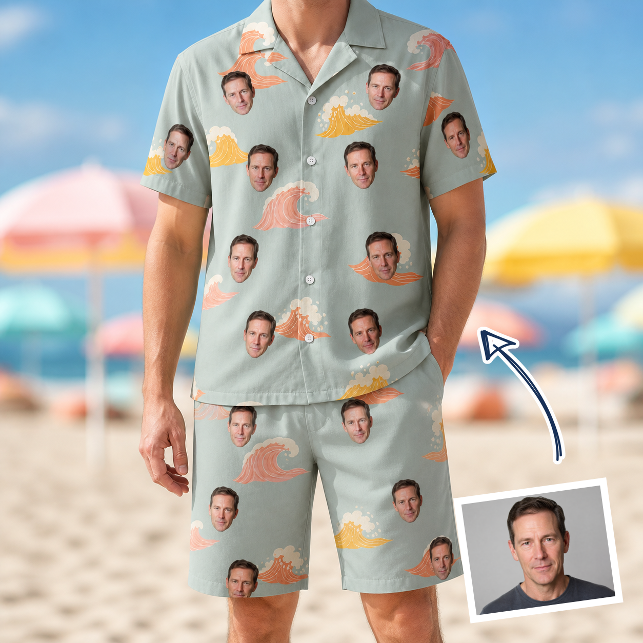 Man wearing Men's Surf Symphony Custom Face Shirt & Shorts Set — custom faces printed all-over