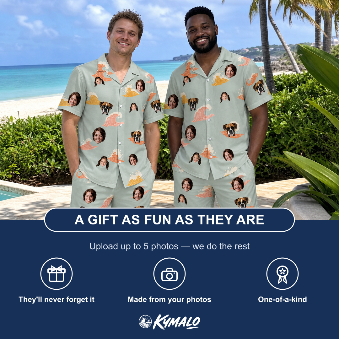 Friends in matching Men's Surf Symphony Custom Face Shirt & Shorts Set — a group gift photo