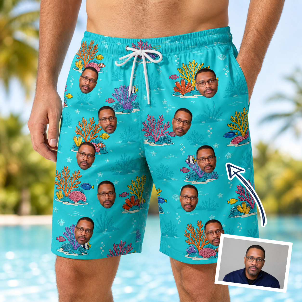 Man wearing Men's Anemone Amour Custom Face Beach Shorts — custom faces printed all-over