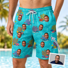 Man wearing Men's Anemone Amour Custom Face Beach Shorts — custom faces printed all-over