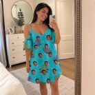 Real-life photo of someone wearing Women's Anemone Amour Custom Face Off-Shoulder Dress — custom faces printed all-over