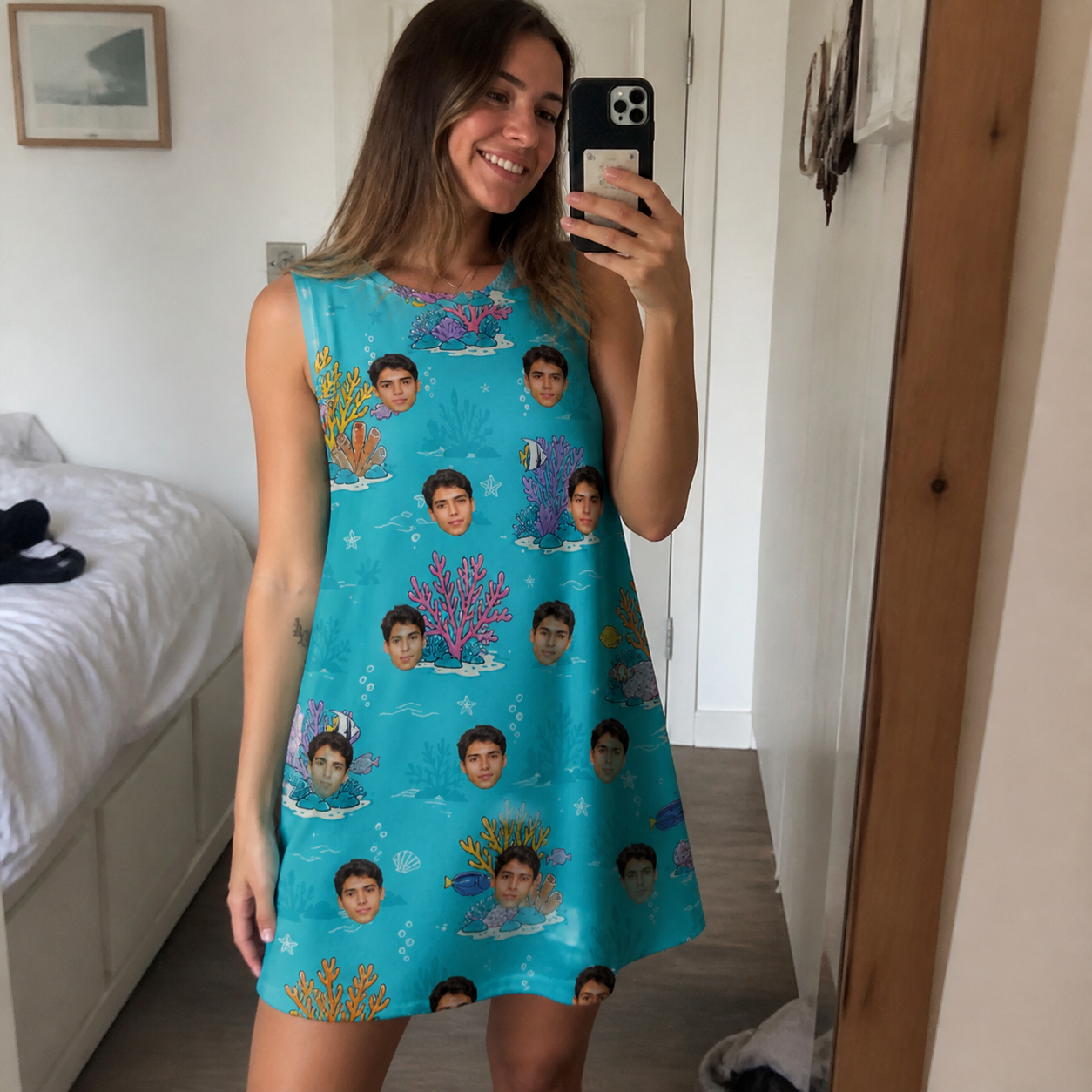 Real-life photo of someone wearing Women's Anemone Amour Custom Face Tank Dress — custom faces printed all-over