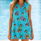Model wearing Women's Anemone Amour Custom Face V-Neck Dress printed with kids' faces