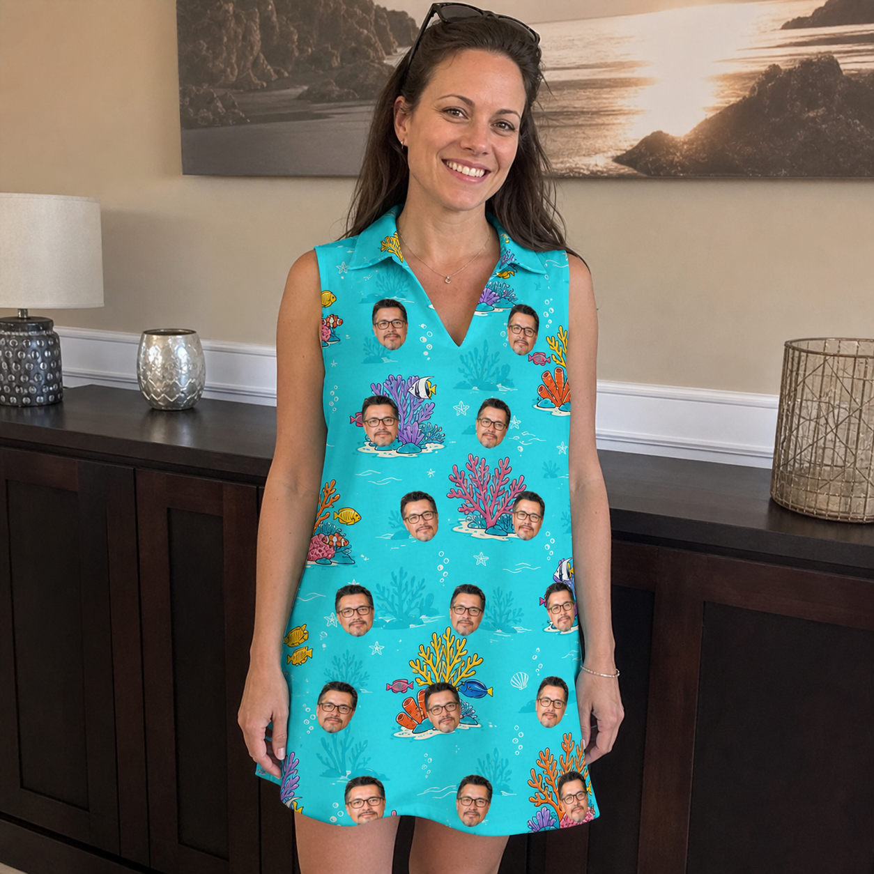 Real-life photo of someone wearing Women's Anemone Amour Custom Face V-Neck Dress — custom faces printed all-over