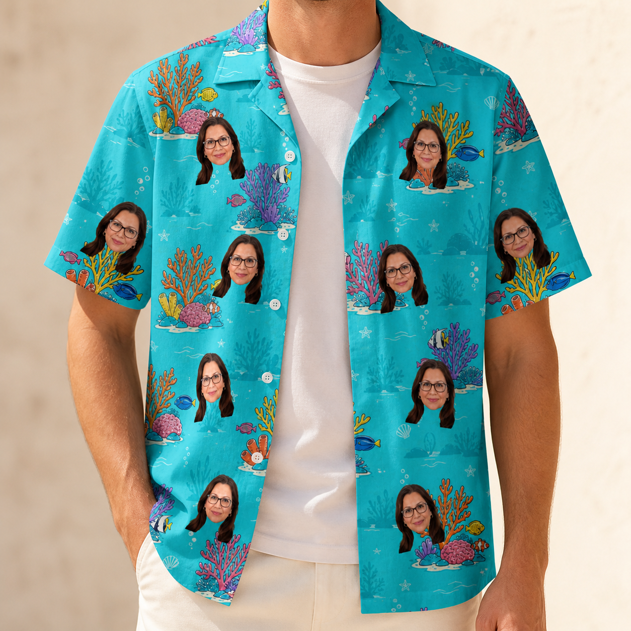 Man wearing Men's Anemone Amour Custom Face Hawaiian Shirt open over a white tee