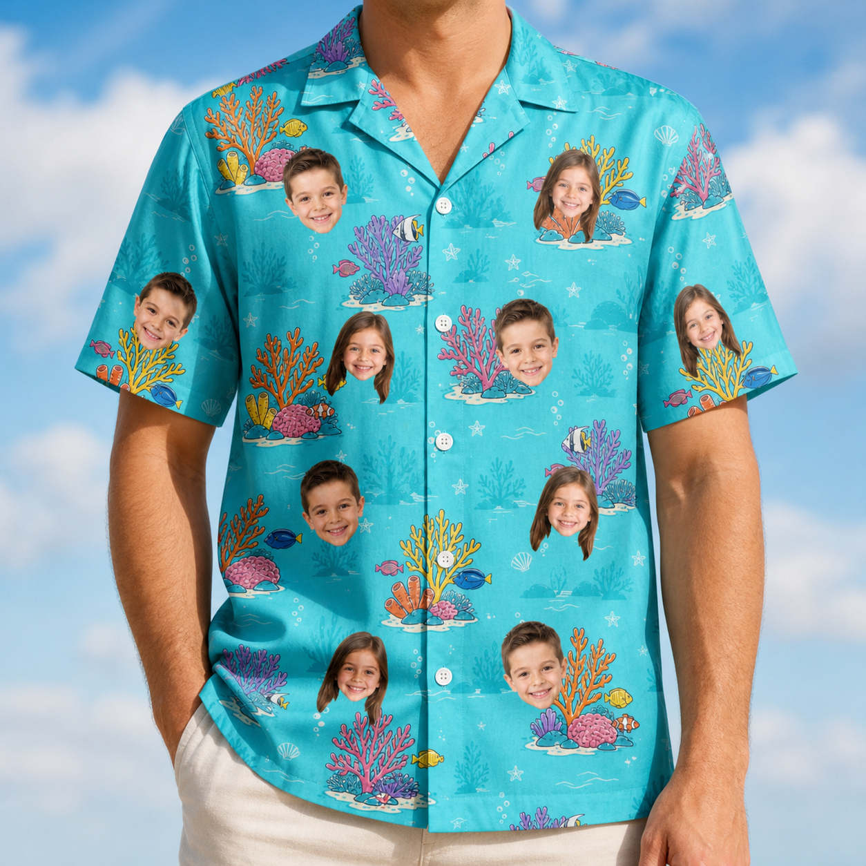 Model wearing Men's Anemone Amour Custom Face Hawaiian Shirt printed with kids' faces