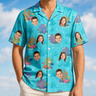Model wearing Men's Anemone Amour Custom Face Hawaiian Shirt printed with kids' faces