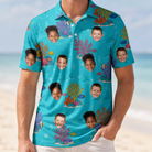Model wearing Men's Anemone Amour Custom Face Polo Shirt printed with kids' faces