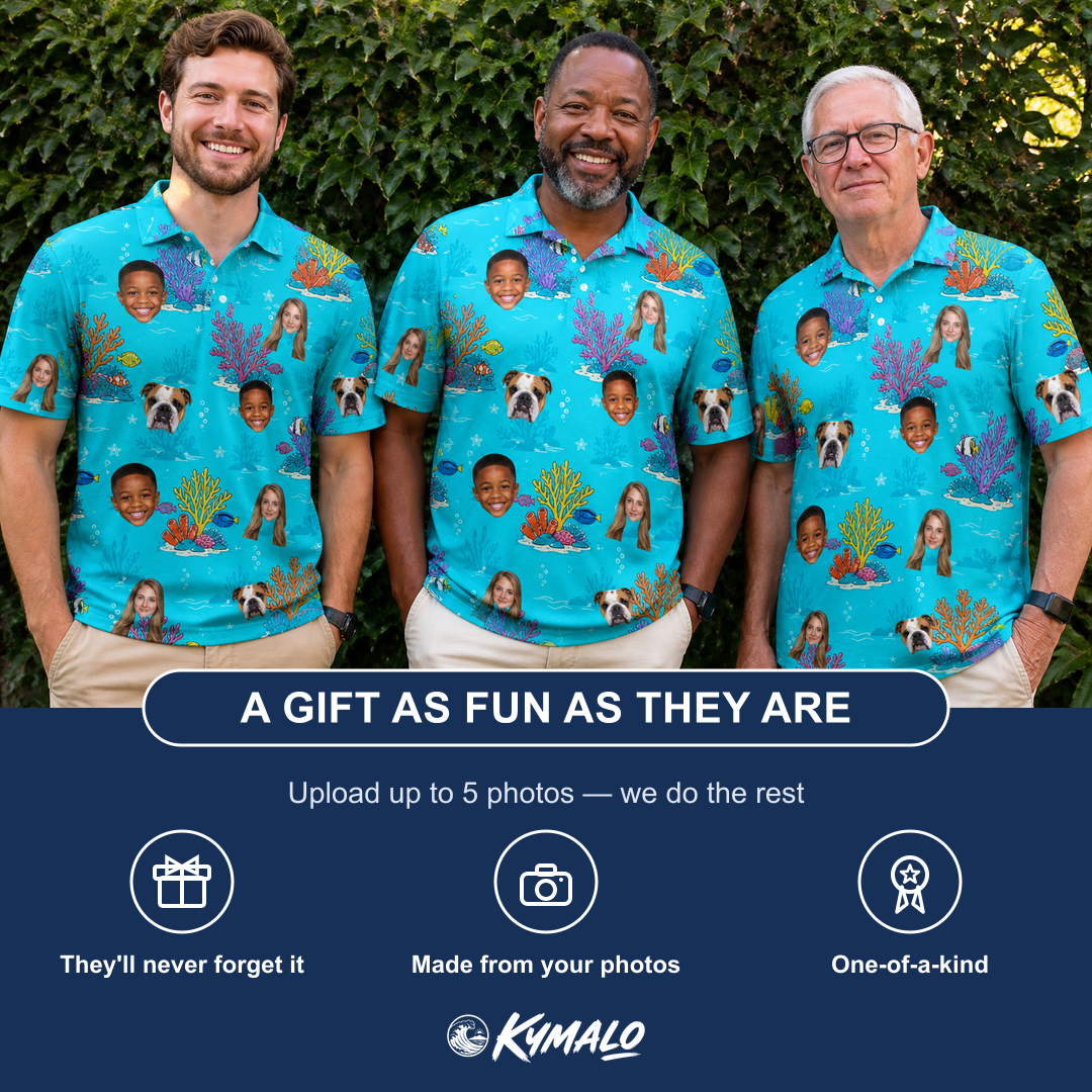 Friends in matching Men's Anemone Amour Custom Face Polo Shirt — a group gift photo