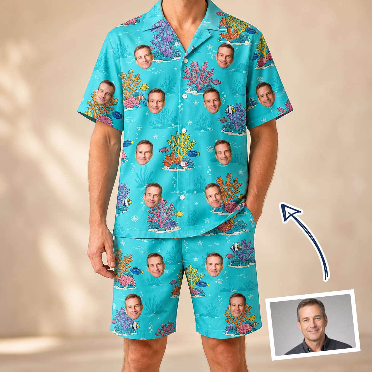 Man wearing Men's Anemone Amour Custom Face Shirt & Shorts Set — custom faces printed all-over