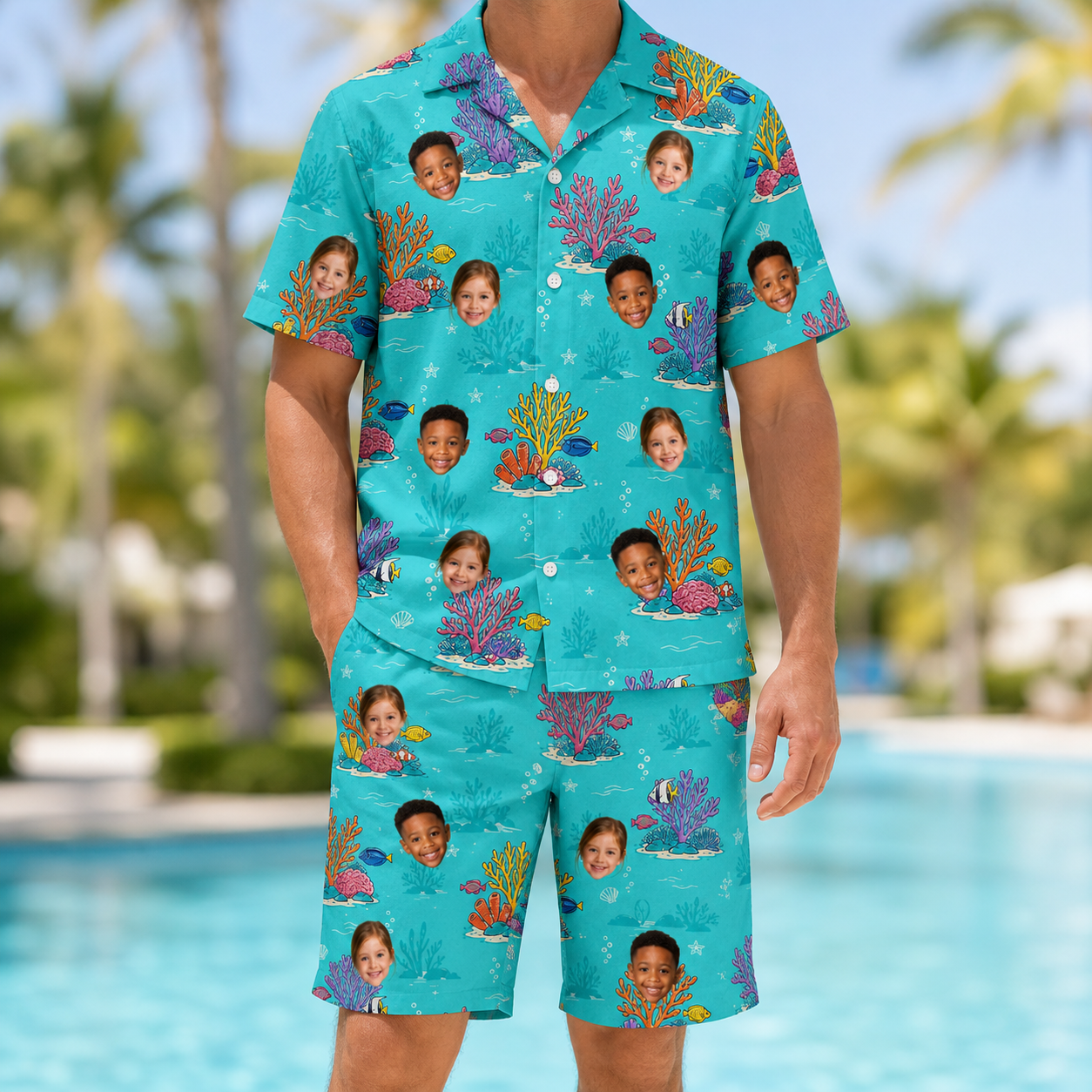 Model wearing Men's Anemone Amour Custom Face Shirt & Shorts Set printed with kids' faces