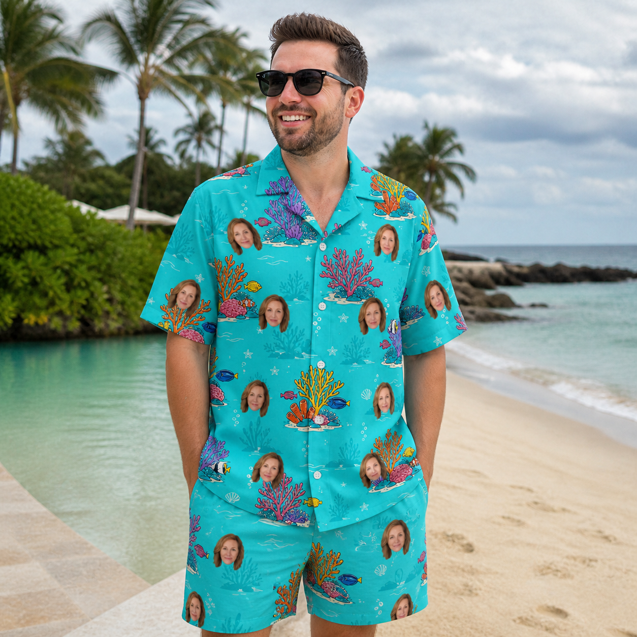 Real-life photo of someone wearing Men's Anemone Amour Custom Face Shirt & Shorts Set — custom faces printed all-over