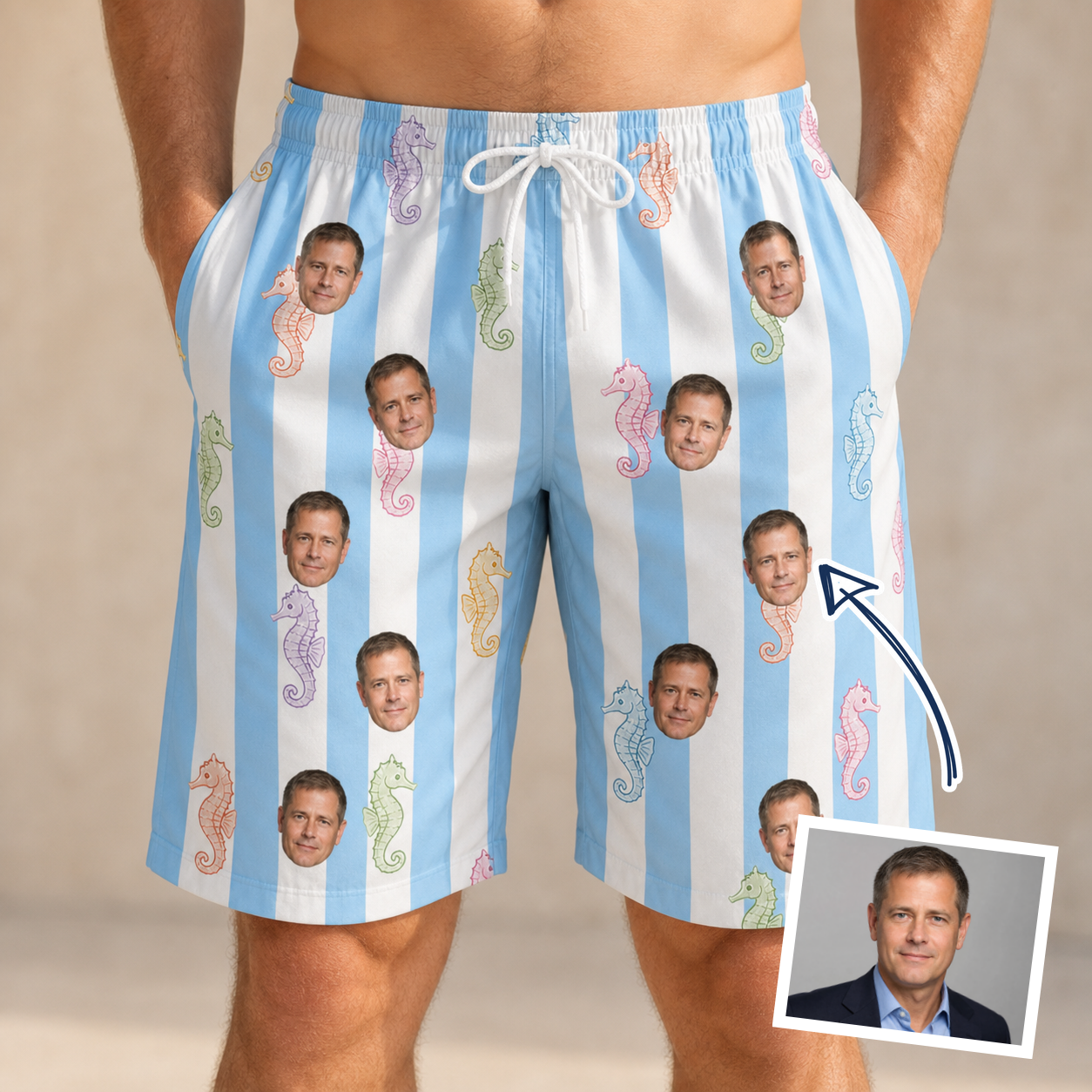 Man wearing Men's Seahorse Serenade Custom Face Beach Shorts — custom faces printed all-over