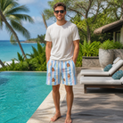 Real-life photo of someone wearing Men's Seahorse Serenade Custom Face Beach Shorts — custom faces printed all-over