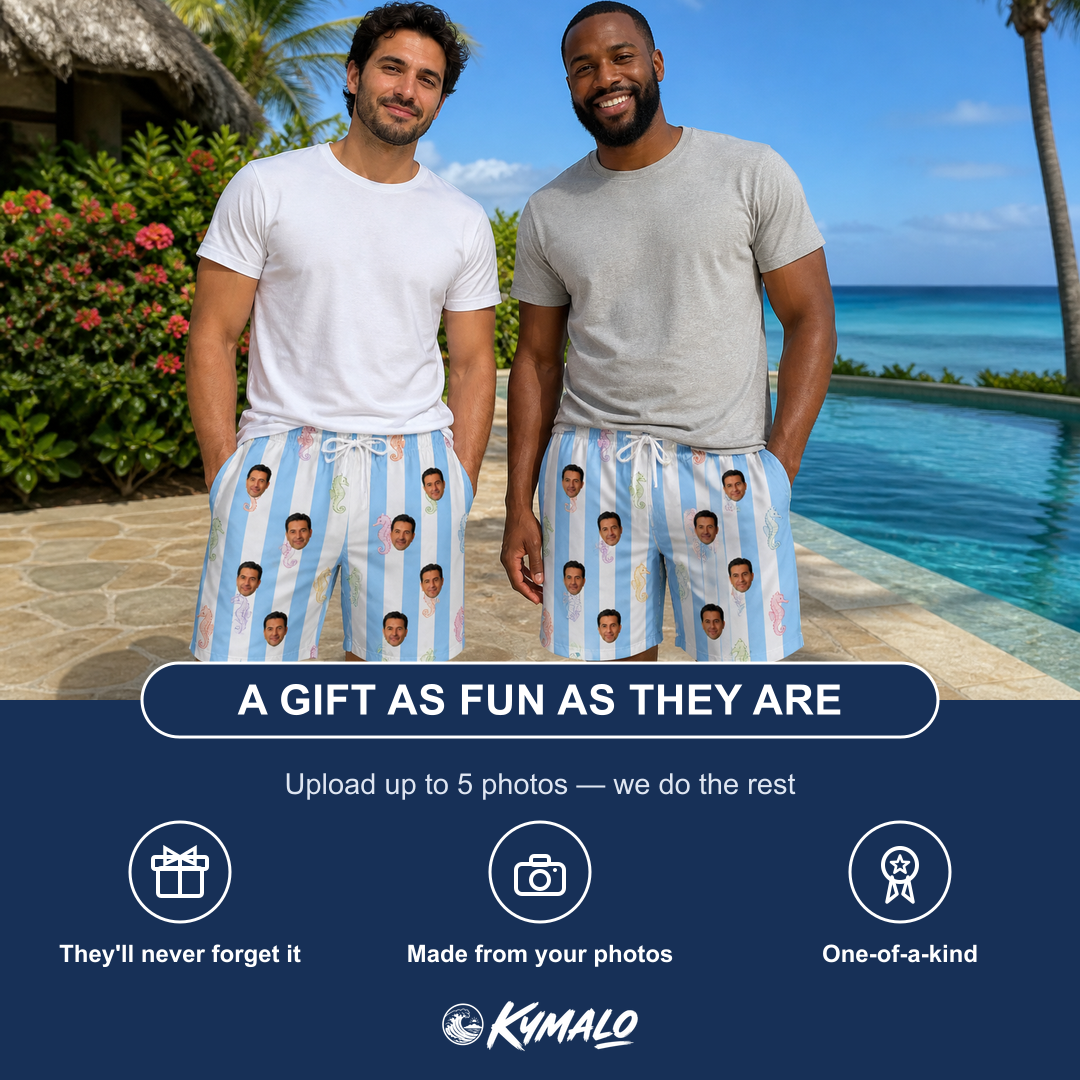 Friends in matching Men's Seahorse Serenade Custom Face Beach Shorts — a group gift photo